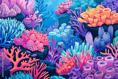 Coral garden in vector style  cartoon depiction of pillar and whip corals  vibrant marine colors  topdown perspective