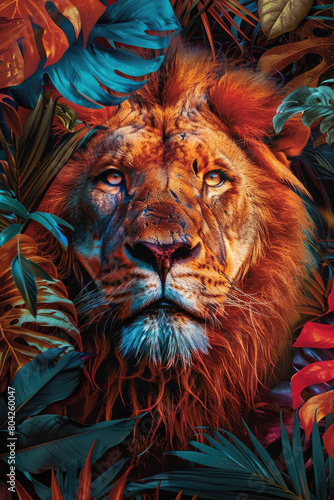 A lion is shown in a jungle setting with green and red foliage