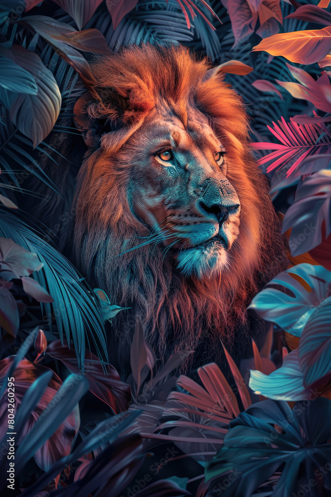 A lion is standing in a jungle with green leaves and flowers