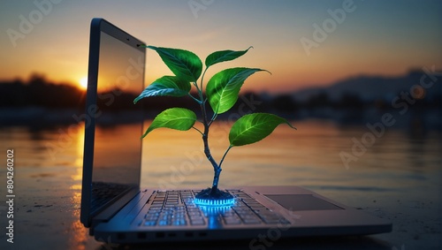Supper Technology Concept, Greenhouse Gas Emissions a Glowing plant growing on computer chip representing digital ecology business and blurred background with Daylight saving , real estate concept and photo