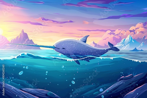 Narwhal with its iconic tusk, cartoon vector, vibrant colors, Arctic seascape, side angle