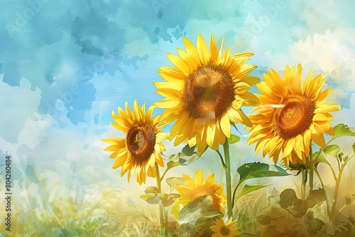 Sunflowers in vector format  watercolor look  bright yellows  straighton view