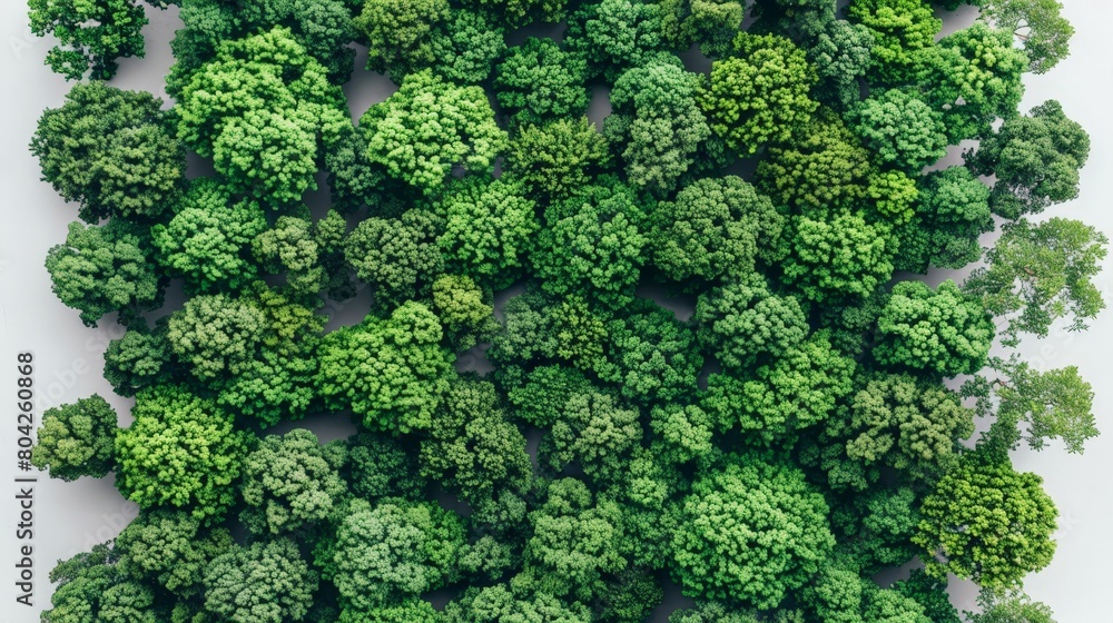 Detailed view of vibrant green trees set against a clean white background