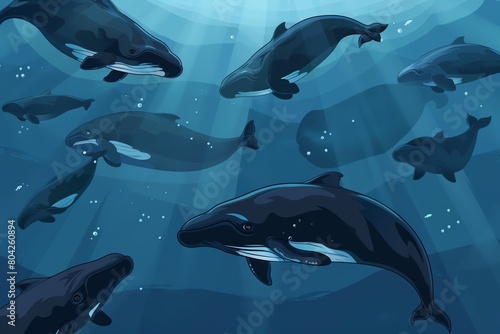Vector scene of cartoon pilot whales, social and dynamic, deep sea setting, angled view photo