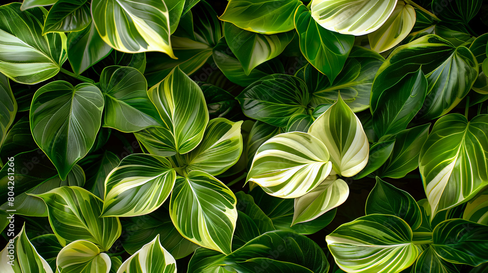 Top view on green leaf texture background. Variegated foliage of tropical plants. Concept: natural background, background textures.Generative AI Top view on green leaf texture background. Variegated foliage of tropical plants. Concept: natural background, background textures.Generative AI