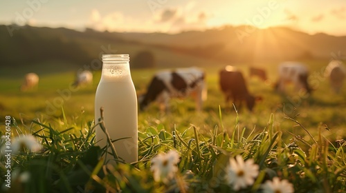 Morning light illuminates a bottle of fresh milk in a lush pasture with grazing cows in the background.