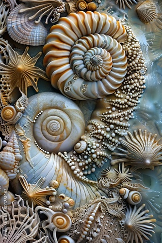 Intricate Marine Fossils and Shells Collage, Oceanic Artwork, Natural History, Detailed Sea Texture, Scientific Illustration