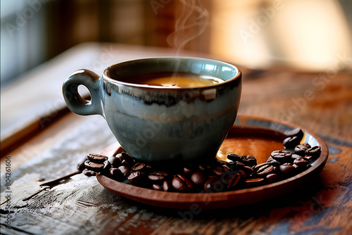 커피 한잔의 향기로운 아침이 시작되는 평화로운 순간이다. photo