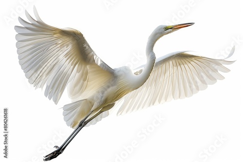 The egret bird Isolated on a white backdrop, flying in the air with open wingspan. Generative Ai © Mimix