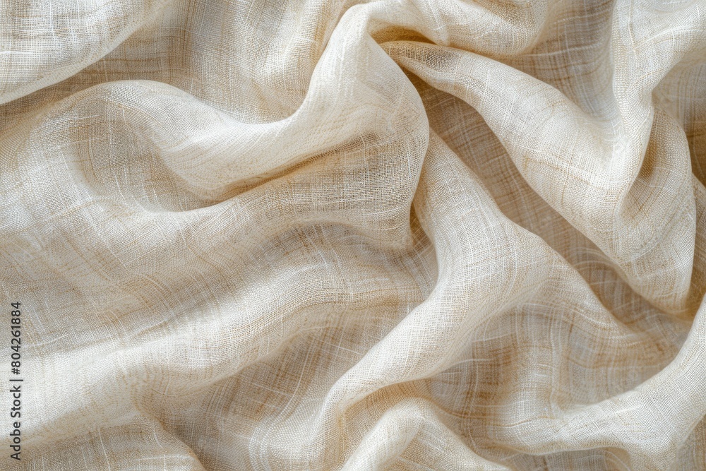 Detailed view of a beige linen fabric, showing its texture and natural fibers up close