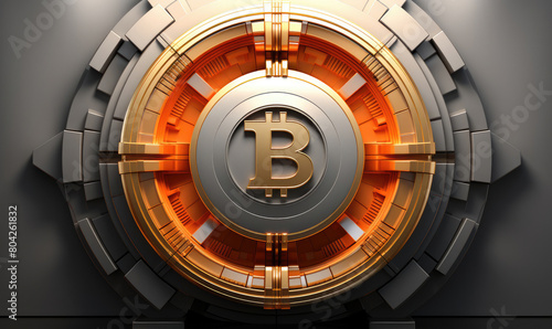 A 3D rendering of a gold and silver bitcoin symbol on a futuristic background.