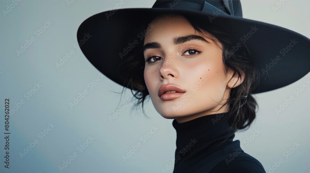 A timeless portrait of a model, the black hat perched jauntily atop her head, framing her meticulously styled hair and makeup, evoking a blend of classic glamour and modern sophistication. A timeless portrait of a model, the black hat perched jauntily atop her head, framing her meticulously styled hair and makeup, evoking a blend of classic glamour and modern sophistication.