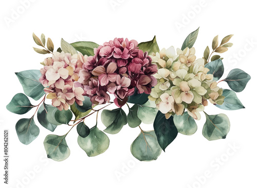 Beautiful vintage floral vector bouquet of blooming hydrangea and garden flowers, botanical natural hydrangea Illustration on white. Summer floral hydrangea greeting card in watercolor style