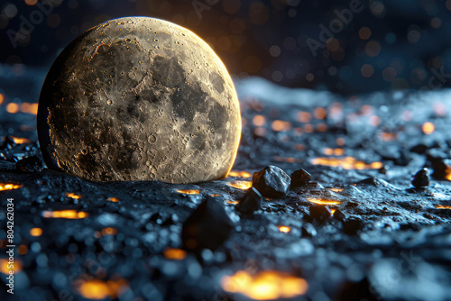 A beautiful landscape of the moon with glowing lava rocks in the foreground.