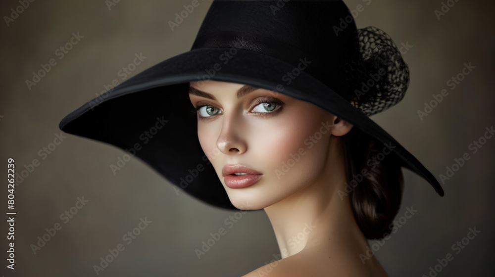 A timeless portrait of a model, the black hat perched jauntily atop her head, framing her meticulously styled hair and makeup, evoking a blend of classic glamour and modern sophistication. A timeless portrait of a model, the black hat perched jauntily atop her head, framing her meticulously styled hair and makeup, evoking a blend of classic glamour and modern sophistication.