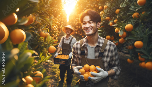 Cheerful young man collecting fresh oranges in a sunlit orchard, with another farmer in background.