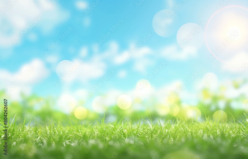 Fresh green grass against a vibrant blue sky with clouds. Springtime growth and renewal concept. Banner with copy space for environmental awareness campaign.