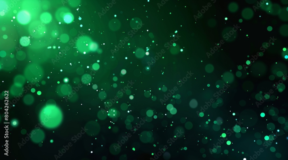 Abstract green particles background with bokeh lights and space for text. Glitter effect on dark background. Shiny glowing stars, stardust or fairy dust wallpaper design in the style of space.