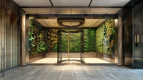 Contemporary entrance with a living wall and a sleek, frameless glass door photo