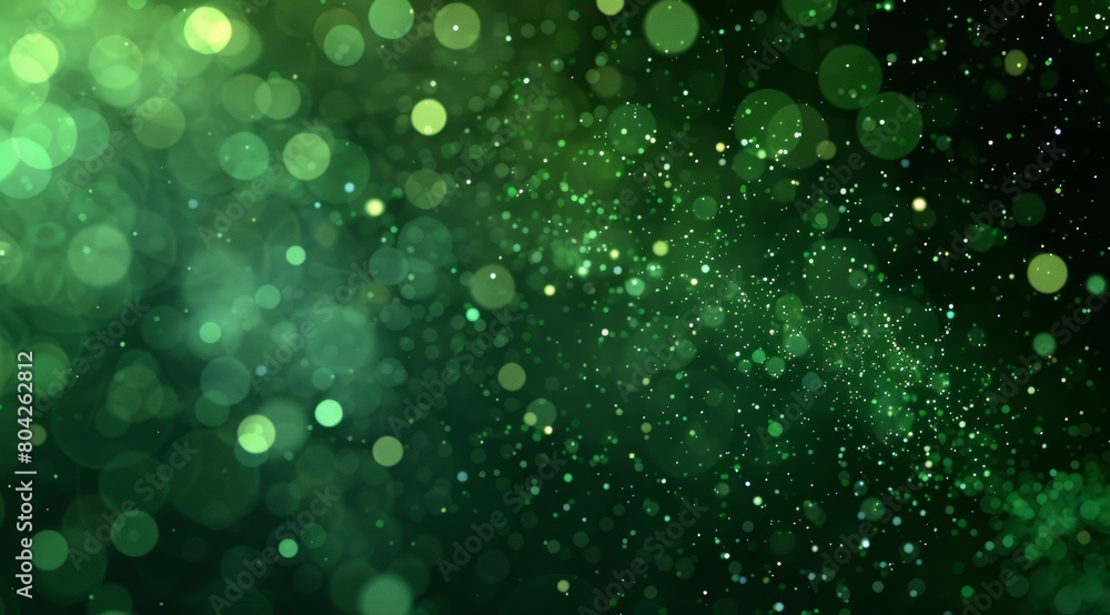 Abstract green particles background with bokeh lights and space for text. Glitter effect on dark background. Shiny glowing stars, stardust or fairy dust wallpaper design in the style of space. Abstract green particles background with bokeh lights and space for text. Glitter effect on dark background. Shiny glowing stars, stardust or fairy dust wallpaper design in the style of space.