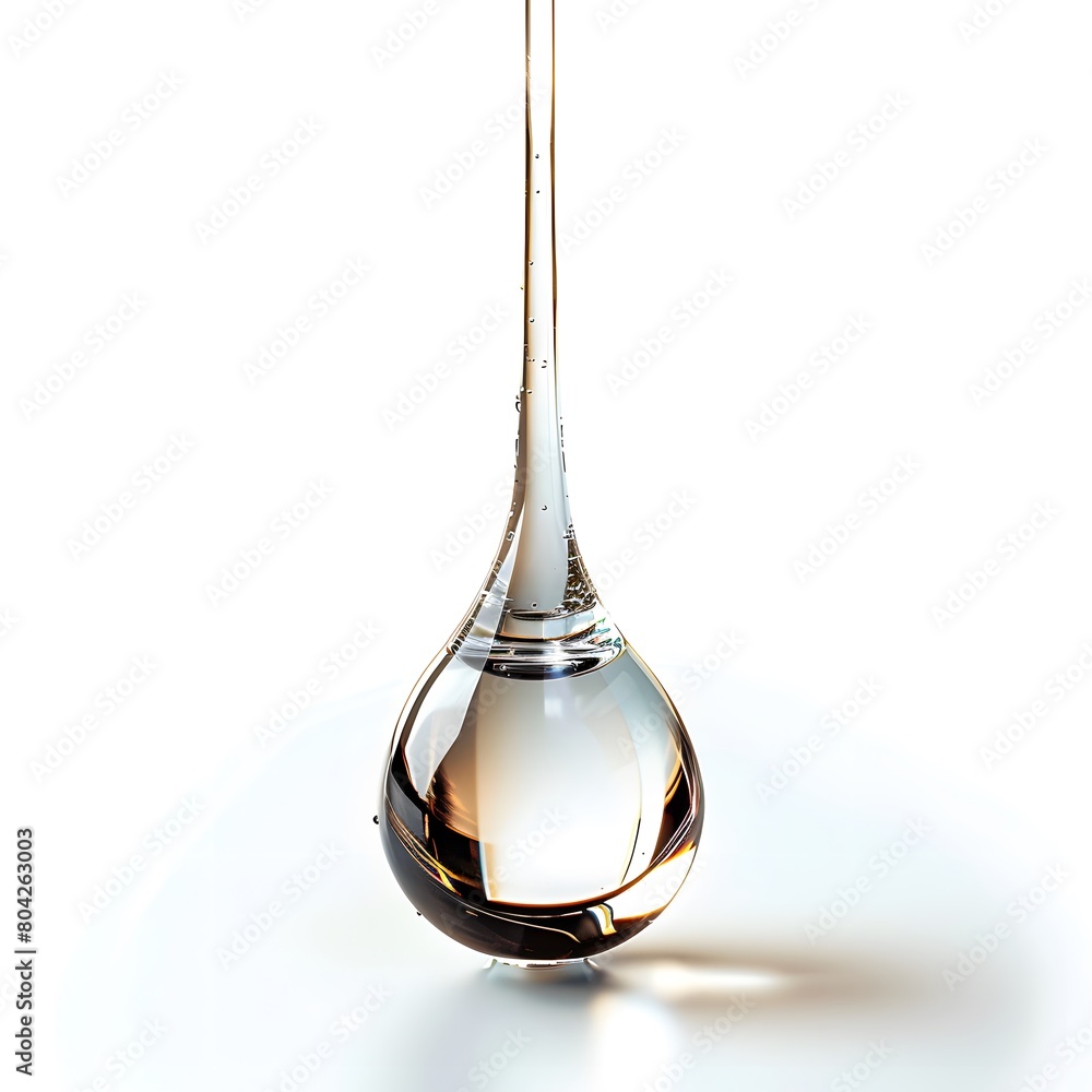 Flowing thin shining drop of liquid on a white isolated background. Flowing thin shining drop of liquid on a white isolated background.