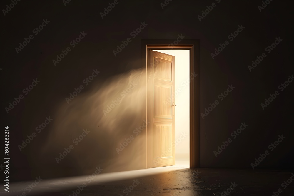 Bright light in room through open door. Open Door in dark room symbol of hope or exit. Vector illustration. .