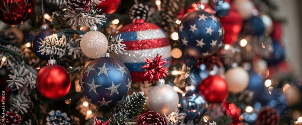 Patriotic Christmas tree adorned with red, white, and blue ornaments , professional photography and light Patriotic Christmas tree adorned with red, white, and blue ornaments , professional photography and light