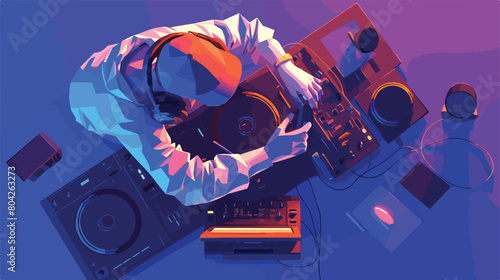 DJ playing vinyl on the neon color light background