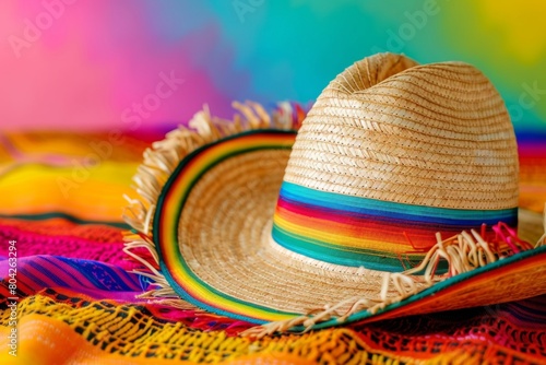 Colorful straw sombrero on a turquoise pink surface with an orange background, embodying the festive Mexican culture. Banner