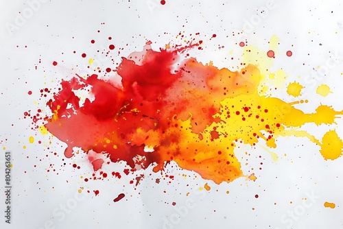 Bright red and yellow watercolor splatter. Beautiful watercolor splatters, drips and drops on white paper. .