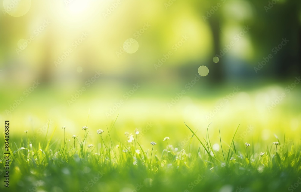 The lush green of a meadow bokeh background. Spring and summertime renewal concept. Banner with copy space for environmental awareness campaign or Earth Day.