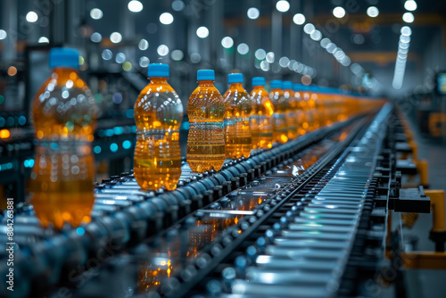 Conveyor belt with orange plastic bottles in a modern plant. AI generated.