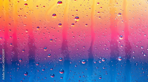 Water droplets cling to a window, catching the vibrant hues of a colorful sunset in the background