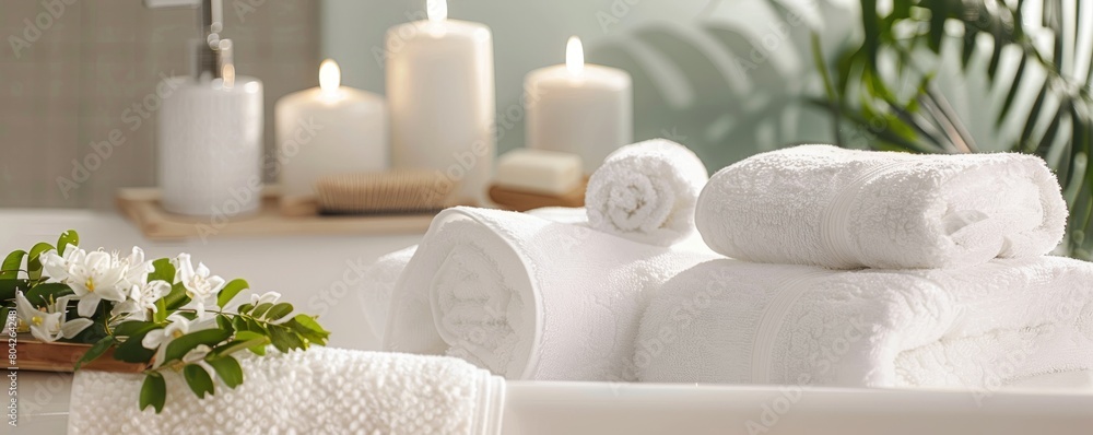 Bath time luxury displayed through a spa-like arrangement of white towels and soothing accessories