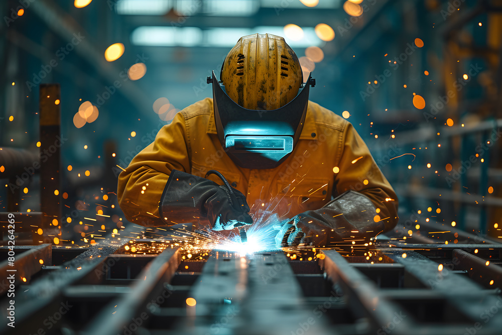 Welder in safety suit welding steel in a large factory Welder in safety suit welding steel in a large factory