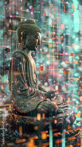 Buddhist art transcends into the digital dimension with a matrix background highlighting Buddha in Zen meditation photo