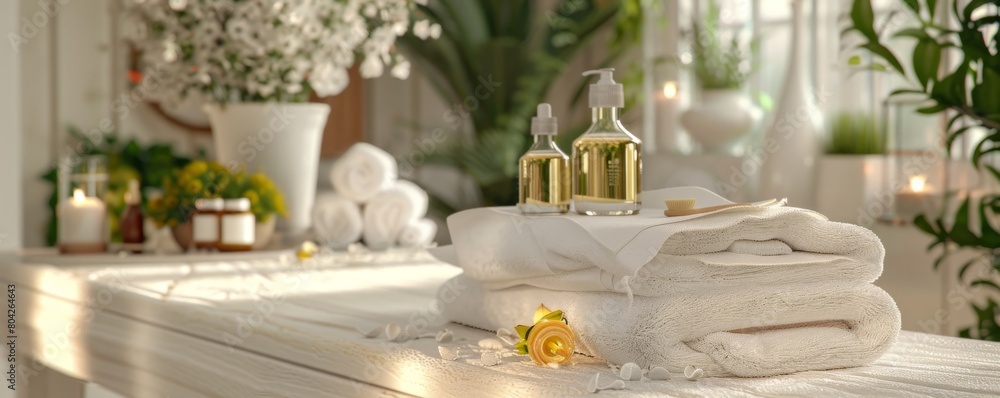 Inviting spa table with neatly folded towels, aromatic oils, and a backdrop of serene white decor Inviting spa table with neatly folded towels, aromatic oils, and a backdrop of serene white decor