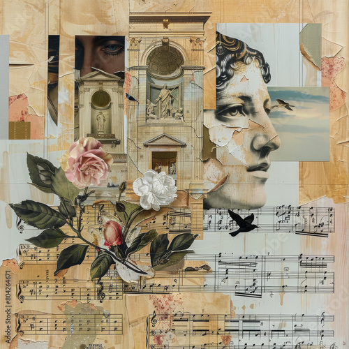 Vintage Collage with Classical Elements, Sheet Music, and Floral Motif
