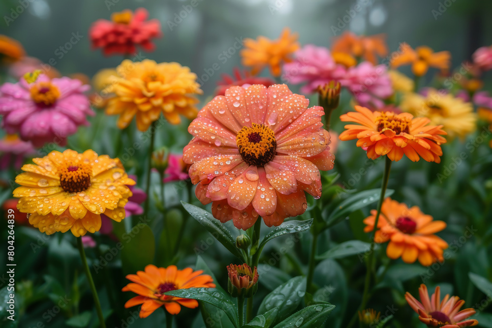Early morning dew on flowers in a dense pollinator garden, mist in the background. AI generated. Early morning dew on flowers in a dense pollinator garden, mist in the background. AI generated.