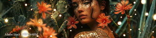 Enchanting Woman with Glitter Makeup in Floral Garden