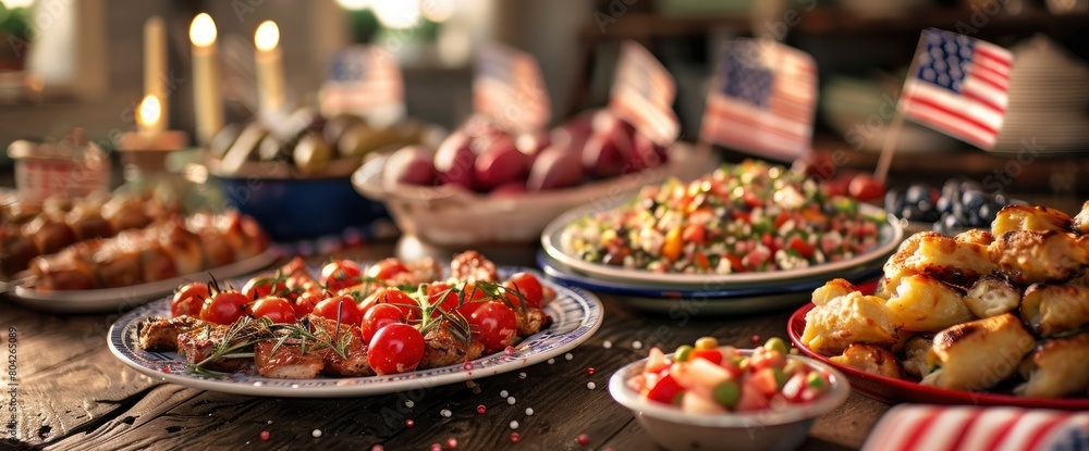 Patriotic potluck dinner with themed dishes , professional photography and light