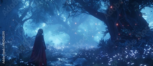 3D render of fantasy Role Playing Game Set in Misty Magical Forest. Female Hero Character Facing Danger on Adventure, Exploring World Environment. photo