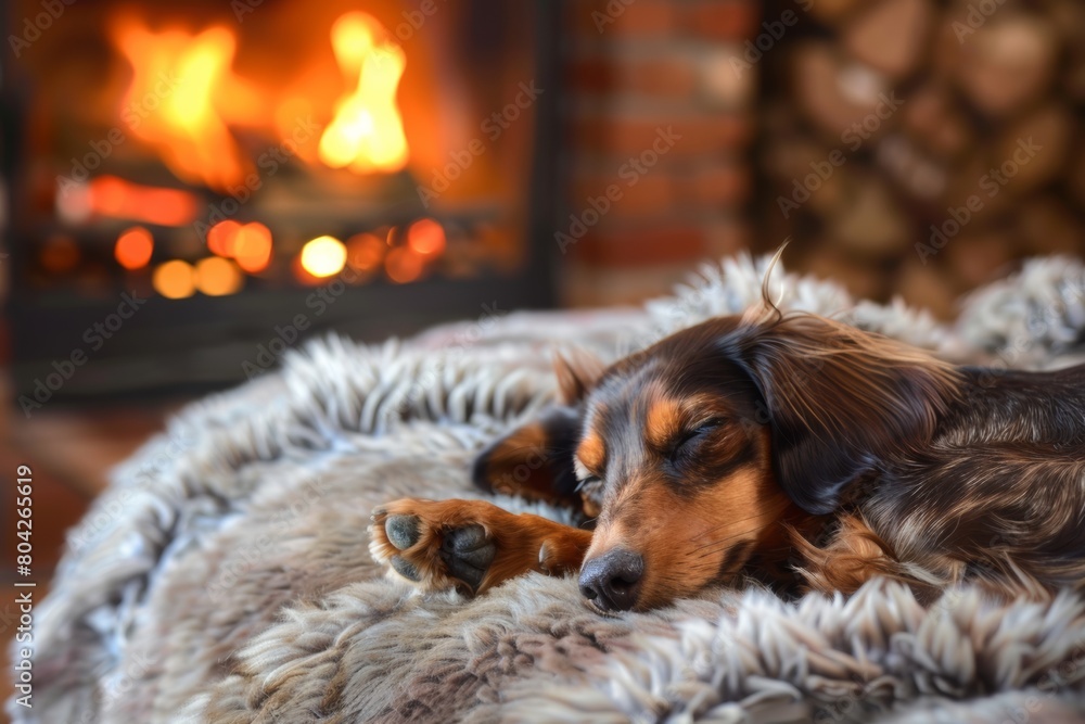 brown merle dachshund dog sleeping near fireplace on cozy couch with blanket keeping warm. Heating device ad concept. 