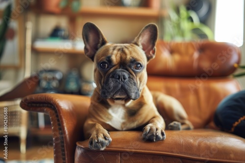brown merle French bulldog dog purebred at maximalist home apartment interior on the couch in living room