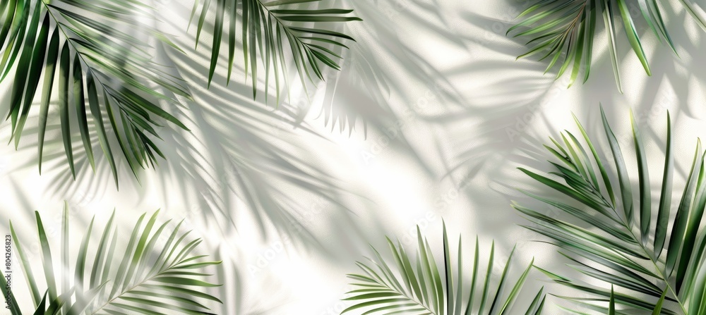Palm leaves shadows on a white wall background, an abstract summer concept banner with space for copy. A realistic photo of palm leaves' shadows on a beige white concrete wall. A background with shad Palm leaves shadows on a white wall background, an abstract summer concept banner with space for copy. A realistic photo of palm leaves' shadows on a beige white concrete wall. A background with shad