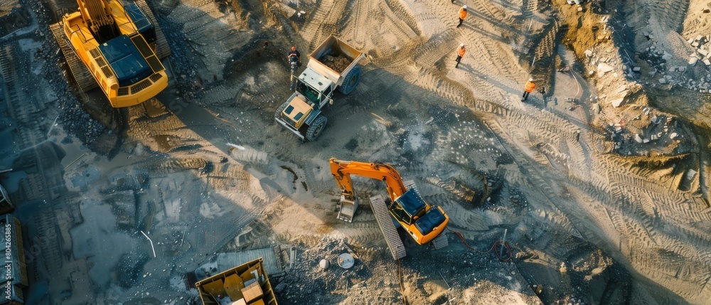An aerial drone shot shows a construction site with heavy machinery on a bright sunny day. A team of real estate developers discusses the project. An engineer and an architect use a tablet to talk