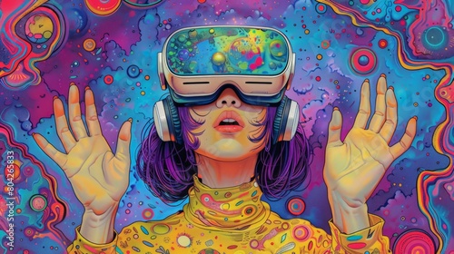 Futuristic young girl with 3D glasses and multicolored hair