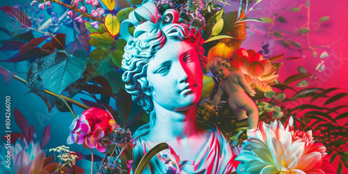 Colorful Surreal Art with Classical Bust and Vibrant Florals