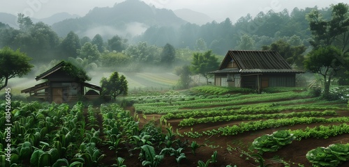 A cozy homestead nestled amidst verdant fields of thriving, organic vegetables. photo