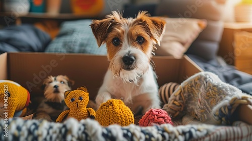 A pet owner opening a pet care subscription box, with toys, treats, and grooming products for their dog or cat